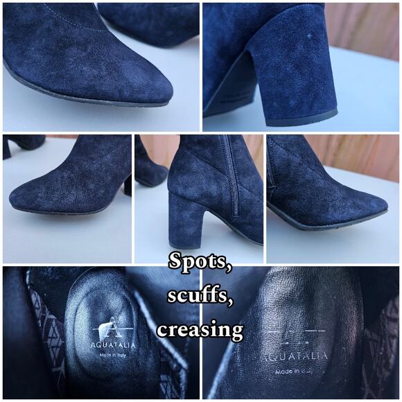 Blue Suede Boots Aquatalia Briana Size 7 Weatherproof Leather Bootie Zip Heeled - Picture 9 of 13
